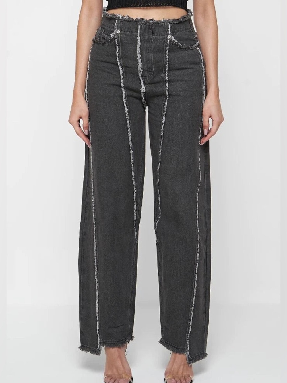 Maniere De Voir high waisted hem stitching straight leg denim pants